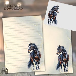 Elegante carta da lettere con cavallo al galoppo – cancelleria stampabile, set da scrittura, download digitale, lettera USA / A4, a righe e senza righe, + busta