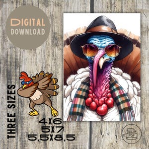 Tarjeta de Acción de Gracias con un pavo lindo y elegante. Descarga de miniaturas, Varios tamaños, Archivo PDH, Sobre adecuado. Imprime y disfruta, Tarjeta divertida