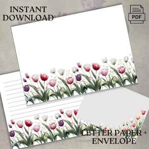 Juego de papel para cartas con diseño de tulipanes de primavera, para imprimir, descarga instantánea, hojas apaisadas, con y sin líneas, y sobre de 5 x 7, formato PDF