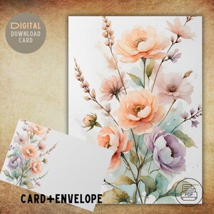Pastell Blumen Grußkarte mit Umschlag | Aquarell Pastell Blumen | Geburtstags-, Dankes-, Jahrestags-Karte | Sofort Download PDF