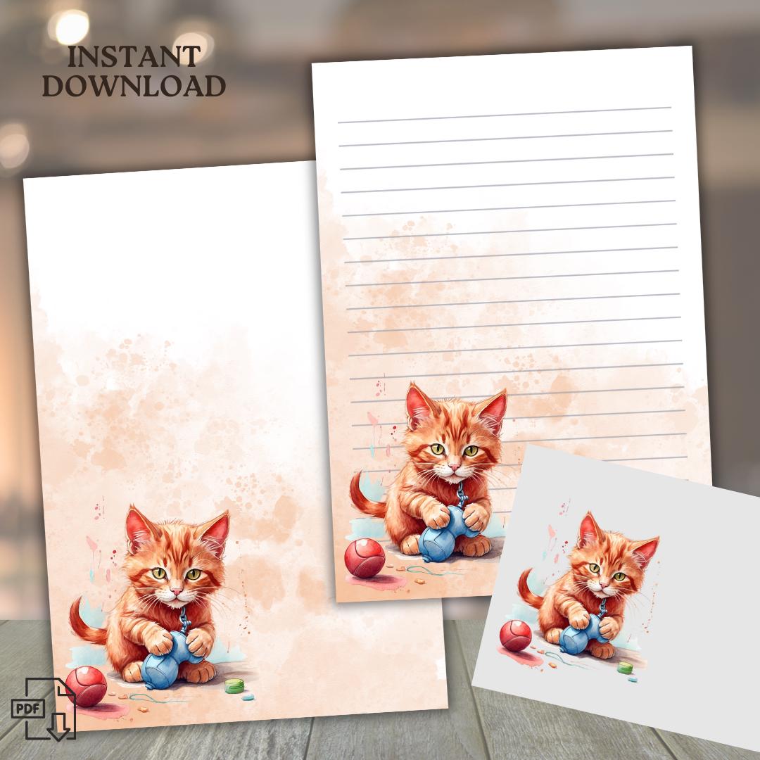 Playful Ginger Kitten Letter Paper – Printable Stationery | Lined & Unlined + Envelope | Digital Download | Cute Cat Writing Paper