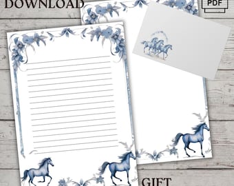 Horse Letter Writing Set: Blue Stationery, Gift Envelope (Digital Download)