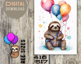 Greeting Card Sloth and Balloon - Printable PDF for Birthdays, Thank You, and More... Instant Download, graduation card, print and enjoy