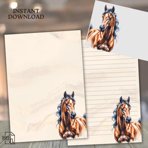 Confezione di carta da lettere con cavallo marrone - Set di cancelleria, carta per diario, carta per appunti, carta non rigata e rigata PDF, + busta, stampabile