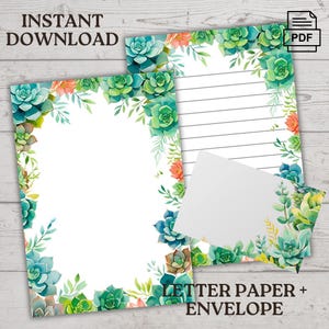 Kit imprimible de papelería suculenta / Sobre de regalo incluido / Descarga instantánea en PDF - Papel de carta de EE. UU. con y sin rayas, papel de notas, A4