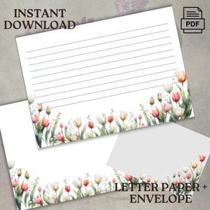 Juego de papel para cartas con diseño de tulipanes de primavera, para imprimir, descarga instantánea, hojas apaisadas, con y sin líneas, y sobre de 5 x 7, formato PDF