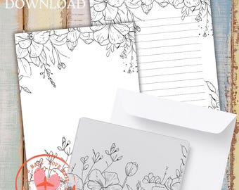 Black and White Flowers Printable Stationery Set – Letter Writing Paper & Envelope, Letter Size, printable stationery, PDF File