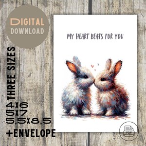 Afdrukbare Valentijnsdagkaart - schattige konijntjes, digitale download, "My Heart Beats for You" - pdf van 4 x 6, 5 x 7, 5,5 x 8,5 | + Enveloppen