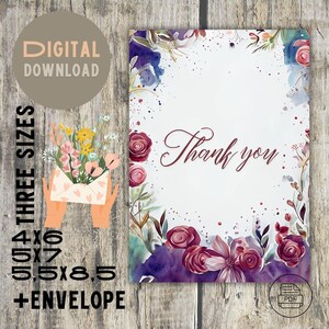 Cartão de agradecimento com flores românticas - Download digital, 3 tamanhos e envelope incluído, estilo romântico adorável, PDF instantâneo 4x6, 5x7, 5,5x8,5