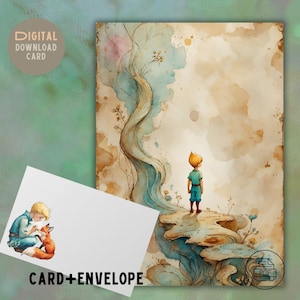 Tarjeta de felicitación del Principito estilo vintage - Colores pastel (PDF imprimible), sobre personalizado para felicitación de aniversario, PDF imprimible en casa