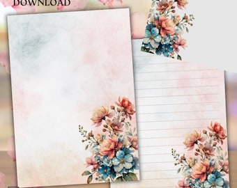 May include: Stationery paper set featuring a watercolor floral design with pink, peach, and blue flowers on a soft pastel background. The set includes one unlined sheet and one lined sheet, both decorated with a bouquet of flowers in the bottom corner.