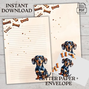 Dachshund Letter Paper - Printable Writing Set + Envelope - Digital Download PDF - Lined & Unlined - Cute Black Tan Doxie