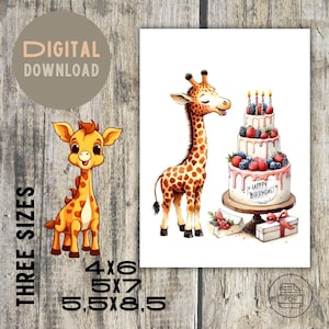 Carte de voeux numérique pour enfants - Adorable design d'anniversaire girafe - Téléchargement immédiat et impression !| PDF imprimable, impression, 3 tailles, enveloppe