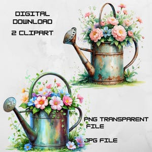 2 Clipart arrosoir vintage | Fleurs PNG et JPG | Fleurs rose pastel | Illustration shabby chic | Téléchargement numérique | 300 ppp | Clipart