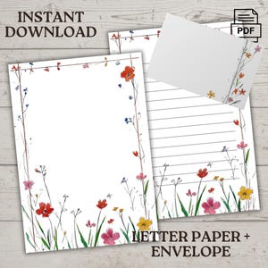 Blumen Brief Set zum ausdrucken - zum sofort herunterladen - linierte und unlinierte Seiten, US letter Größe 8,5 x 11 + 5x7 Umschlag, A4 Scrapbook Note