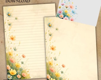 Briefpapierset met bloemen: aquarelbloemen, gelinieerd/ongevoerd papier (pdf-download)