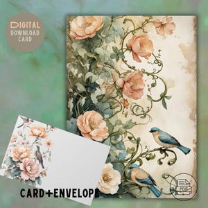 Conjunto de tarjetas de felicitación vintage con pájaros y flores - Colores pastel - Imprimible en casa - Sobre personalizado - Descarga PDF, regalo para ella