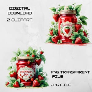Mermelada de fresa: Ilustración de acuarela de fruta, PNG/JPG, fondo transparente, manualidades e impresiones, descarga digital, 300 DPI
