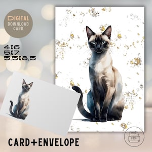 Carte de voeux élégante chat siamois – imprimable | Art de chat | Téléchargement numérique, 4 x 6, 5 x 7, 5,5 x 8,5 | Parfait pour toutes les occasions, carte d'anniversaire