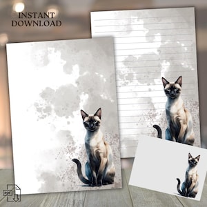 Könnte beinhalten: Briefpapier-Set mit einer Aquarellillustration einer Siamkatze. Das Set enthält ein leeres Blatt, ein liniertes Blatt und eine kleine Karte. Der Hintergrund hat einen Aquarellwascheffekt. Die Worte "INSTANT DOWNLOAD" stehen oben.