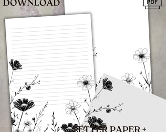 Black White wildflower Letter Paper + Envelope - Black & White Stationery - Lined and Unlined - US Letter | A4 - Digital Download, PDF File