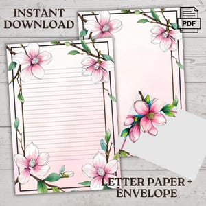 Magnolie auf rosa Hintergrund Printable Briefpapier - Digital Download, US Letter Papier mit linierten und unlinierten Seiten + 5x7 Umschlag, PDF-Format