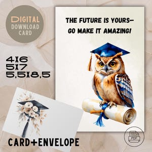 Afstudeerkaart | Wijze uil met pet | Motiverende quote | Afdrukbare kaart | Digitale download | 4 x 6, 5 x 7, 5,5 x 8,5 | Inclusief envelop