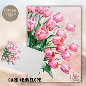 Digitale wenskaart: roze tulpen, aquarelbloemen, lenteboeket. Downloadbaar, drie formaten, pdf, inclusief bijpassende envelop