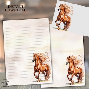 Könnte beinhalten: Druckbares Briefpapier mit einer Aquarell-Illustration eines braunen Pferdes mit einer fließenden Mähne und einem Schweif. Das Pferd rennt und der Hintergrund ist ein hellbrauner Aquarell-Wasch.