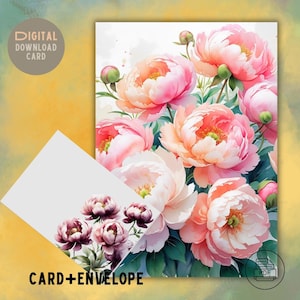 Tarjeta de felicitación imprimible de peonía rosa con sobre – Tarjeta floral romántica en PDF – Cumpleaños, agradecimiento, aniversario – 3 tamaños – Descarga instantánea