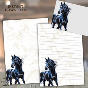 Elegante carta da lettere con cavallo nero – cancelleria stampabile, set di scrittura equestre, download digitale, a righe e senza righe, lettera USA, A4, busta
