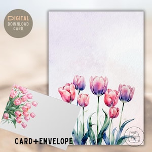 Afdrukbare wenskaart: roze paarse tulpen, aquarelbloemen, lenteboeket. Downloadbaar, drie formaten, pdf, inclusief bijpassende envelop