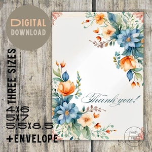 Leuke bloemensfeer Bedankkaart - Digitale download, 3 maten en envelop inbegrepen, Schattig romantische stijl, Instant pdf 4 x 6, 5 x 7, 5,5 x 8,5