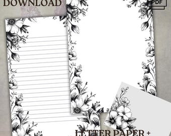 Black and White Floral Stationery - Printable Letter Paper and Envelope (Digital Download)