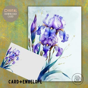 "Druckbare Grußkarte ""Lila Iris"" mit Umschlag - digitale Blumenkarte zum Geburtstag, Danke, Jubiläum, in 3 Größen, Instant Download PDF."