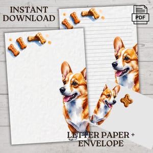 Papel de carta para amantes de los Corgi: lindo juego de escritura con perros, papelería y sobres imprimibles, descarga digital en formato PDF (con y sin líneas)