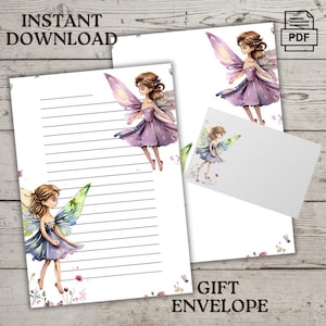 Set di cancelleria Charming Little Fairies - Carta da lettere, download immediato, formato lettera USA, 8,5 x 11, busta regalo, pagina a righe e non a righe