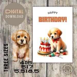 Tarjeta de cumpleaños para niños con cachorro de perro con pastel / PDF imprimible / Fácil impresión, linda acuarela / Tamaños 4x6, 5x7, 5.5x8.5 y sobre incluido