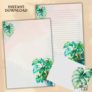 Papier à lettre Monstera | Papeterie imprimable | Téléchargement numérique | doublé | Non doublé | A4 et lettre US | papier à lettres botanique audacieux | Enveloppe