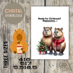 Biglietto d&#39;auguri natalizio con simpatici capibara - Download immediato in PDF e busta regalo per 4x6/5x7/5,5x8,5/, biglietto d&#39;auguri digitale per Natale