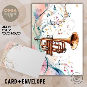 Tarjeta de felicitación de trompeta en acuarela - Descarga digital - Tarjeta con notas musicales - Para cualquier ocasión - Tarjeta imprimible con sobre - 4x6, 5x7, 5.5x8.5