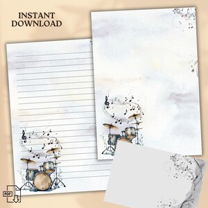 May include: Printable stationery featuring a watercolour illustration of a drum kit with musical notes. The paper has lined writing space and a blank space for the recipient's address. "INSTANT DOWNLOAD" is written in the top left corner.