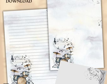 Papelería de batería con acuarela: Papel de carta musical (descarga digital)