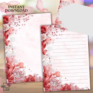 Stationery Set Vintage Style Red Floral, Instant Printable PDF for Letters - Notes, Elegant PDF with Lined & Blank Pages, Custom Envelope