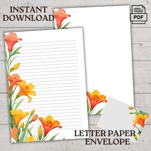 Orange Freesias Druckbares Briefpapier - Digitaler Download, US Letter Papier mit linierten und unlinierten Seiten + 5x7 Umschlag, PDF-Format