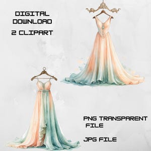 Clipart Vintage Gown | 2 PNG Transparent & 2 JPG Files | Akwarela Elegancka Sukienka | Pobieranie Cyfrowe | Wysoka Rozdzielczość 300 DPI