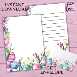 Juego de cartas con forma de huevos de Pascua, descarga digital, elegante PDF con páginas rayadas y en blanco, sobre personalizado, tamaño carta de EE. UU., A4, vacaciones de primavera