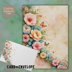 Conjunto de cartões de felicitações com flores em estilo vintage encantador - Cores pastel - Para imprimir em casa - Envelope personalizado - Download em PDF, presente para ela, envelope