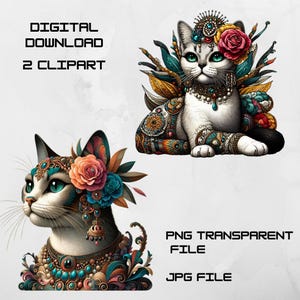 Elegant Cat illustration Clipart Set - 2 Unique Digital Downloads - PNG Transparent & JPG,300 DPI - Perfect for Papercraft, junk journal