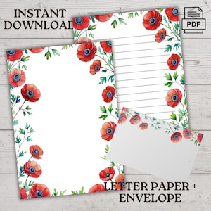 Red poppy Stationery Set, Beige Roses, Instant Printable PDF Letters, Notes, Elegant PDF with Lined & Blank Pages, + Envelope, Poppy blossom